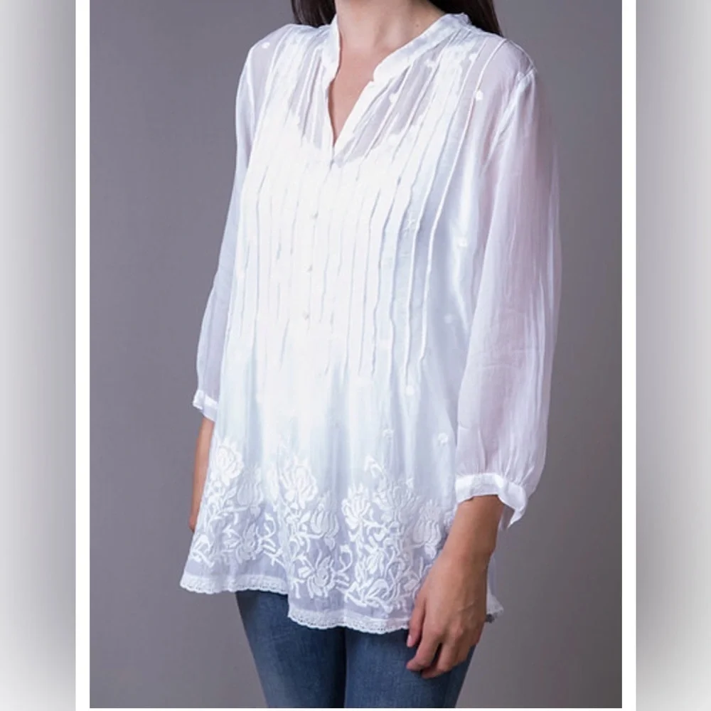 Johnny Was White The Pintuck Vine Embroidered Boho Blouse Tunic Small